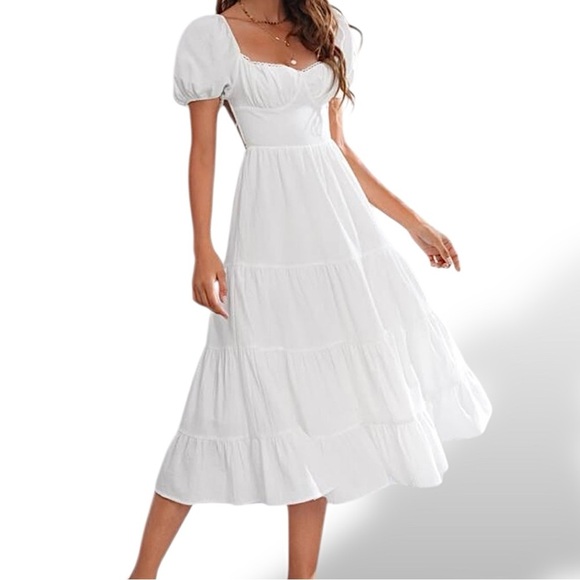 White Flowy Sweetheart Neck Puff Sleeve Dress - Picture 3 of 14